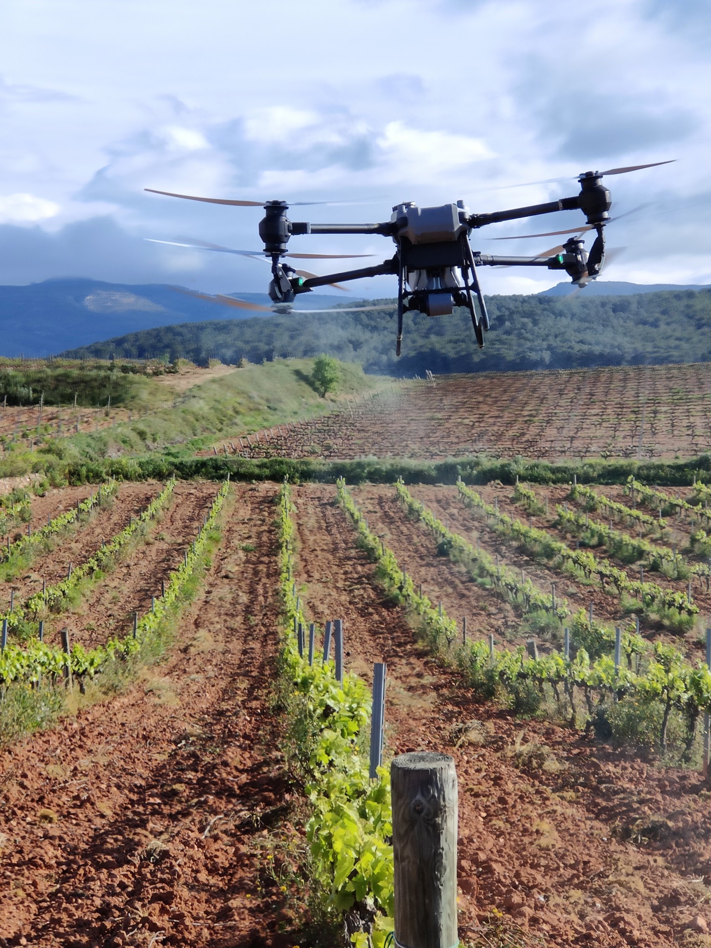Photo : essai de traitement phytosanitaire par drone sur vigne — Agrotecnio (UdL)